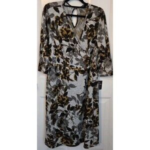 Mlle Gabrielle faux-wrap w/ yellow/ochre & charcoal grey floral pattern -Size 2X
